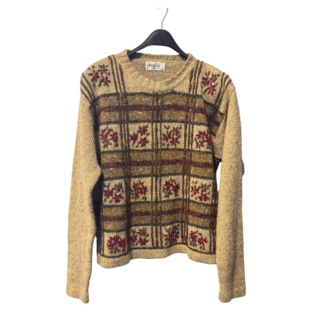 Graffiti Sweater Beige Brown Floral Plaid Knit Acrylic‎ Wool Blend Vintage